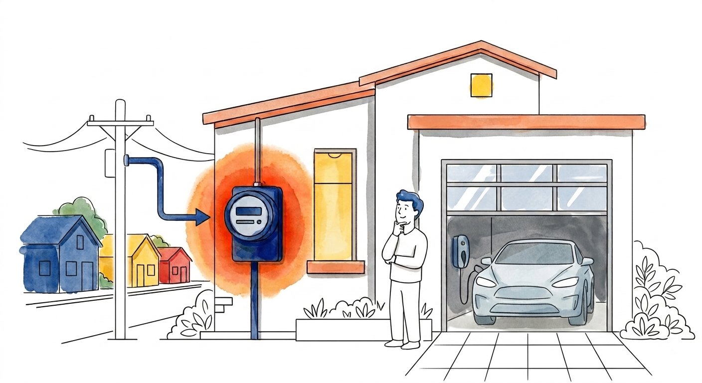 Illustration of a homeowner beside their smart meter, with an electric car charging in the garage